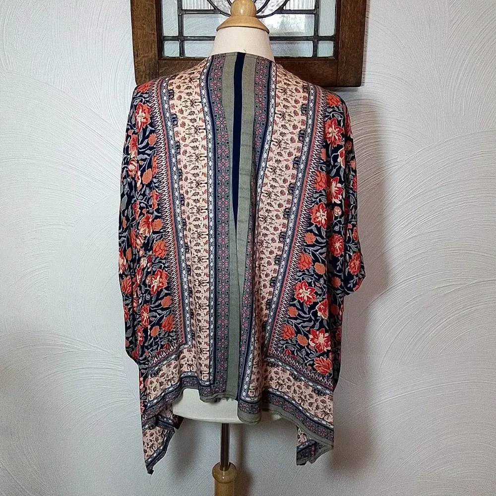 Angie Boho Floral Kimono Open Front Navy Blue & Pink size M - Picture 5 of 6